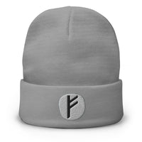 Gray cuffed beanie with Fehu Rune embroidered artwork, front view