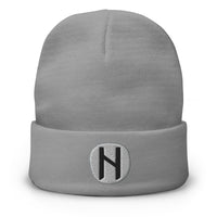 Gray cuffed beanie with Hagalaz Rune embroidered artwork, front view