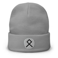 Gray cuffed beanie with Othala Rune embroidered artwork, front view