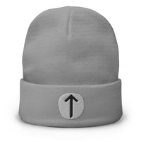 Gray cuffed beanie with Tiwaz Rune embroidered artwork, front view