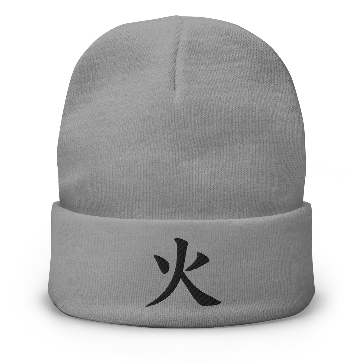 Gray cuffed beanie with Fire Kanji Symbol (火) embroidered artwork, front view