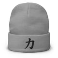 Gray cuffed beanie with Power Kanji Symbol (力) embroidered artwork, front view