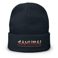 Navy cuffed beanie with Samurai Warrior embroidered artwork, front view