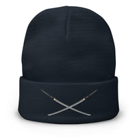 Navy cuffed beanie with Dual Samurai Swords Warrior embroidered artwork, front view