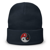 Navy cuffed beanie with Triple Yin Yang Symbol embroidered artwork, front view