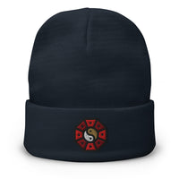 Navy cuffed beanie with Yin Yang Wheel Cap embroidered artwork, front view