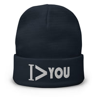 Navy cuffed beanie with I Am Greater > Than You embroidered artwork, front view