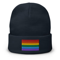 Navy cuffed beanie with LGBTQ+ Pride Rainbow embroidered artwork, front view