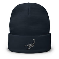 Navy cuffed beanie with Scorpion Sting embroidered artwork, front view