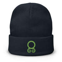 Navy cuffed beanie with Green Viking Troll Cross embroidered artwork, front view