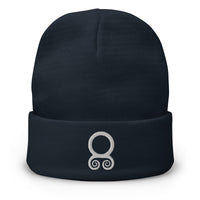 Navy cuffed beanie with White Viking Troll Cross embroidered artwork, front view