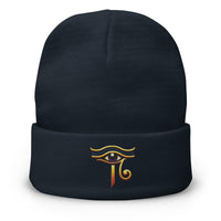 Navy cuffed beanie with Eye of Ra embroidered artwork, front view