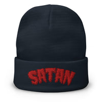 Navy cuffed beanie with Satan Blood Drip embroidered artwork, front view