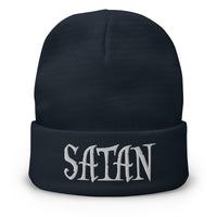 Navy cuffed beanie with White Satan Pure Evil embroidered artwork, front view
