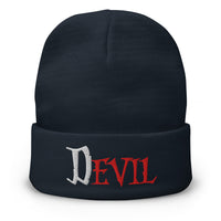 Navy cuffed beanie with The Devil Is Evil embroidered artwork, front view