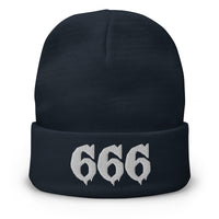 Navy cuffed beanie with White 666 embroidered artwork, front view