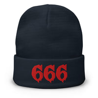 Navy cuffed beanie with Red 666 embroidered artwork, front view