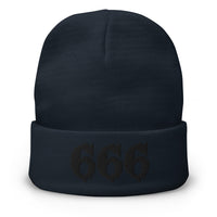 Navy cuffed beanie with Black 666 embroidered artwork, front view
