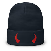Navy cuffed beanie with Red Devil Horns embroidered artwork, front view