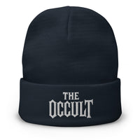 Navy cuffed beanie with The Occult White Supernatural embroidered artwork, front view