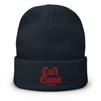 Navy cuffed beanie with Cult Classic Red Gen X embroidered artwork, front view