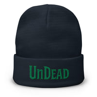 Navy cuffed beanie with Undead Zombie Horror embroidered artwork, front view