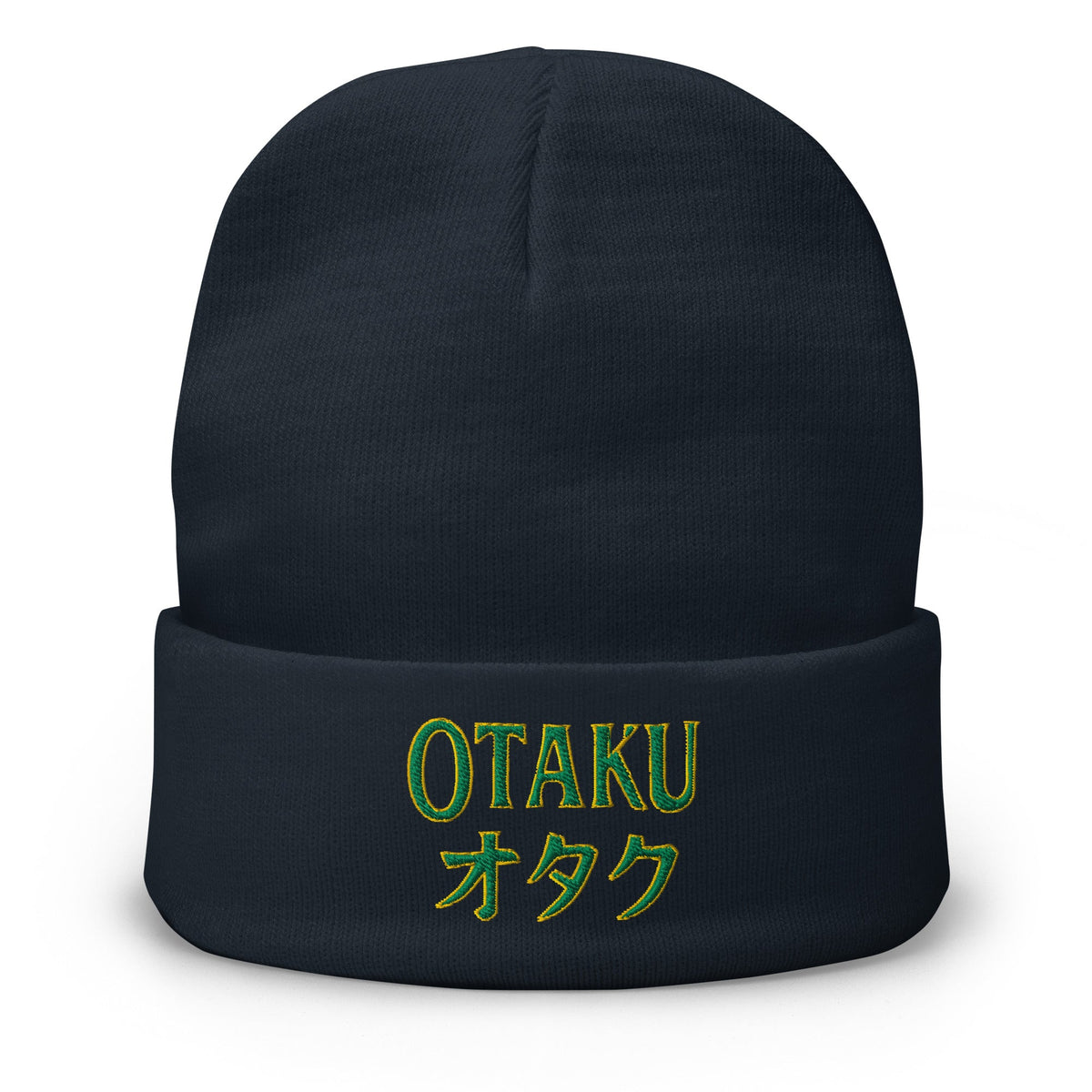 Navy cuffed beanie with Otaku オタク embroidered artwork, front view