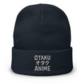 Navy cuffed beanie with Otaku オタク Anime embroidered artwork, front view