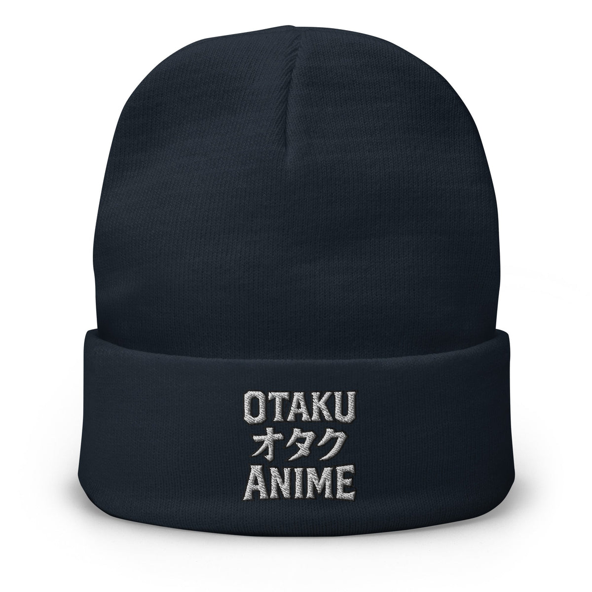 Navy cuffed beanie with Otaku オタク Anime embroidered artwork, front view
