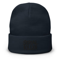 Navy cuffed beanie with Serial Killer True Crime embroidered artwork, front view