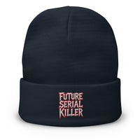 Navy cuffed beanie with Future Serial Killer embroidered artwork, front view