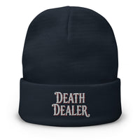 Navy cuffed beanie with Death Dealer embroidered artwork, front view