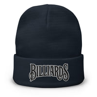 Navy cuffed beanie with Billiards Pool Hall embroidered artwork, front view