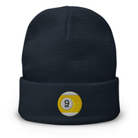 Navy cuffed beanie with Nine Ball Line Billiards embroidered artwork, front view