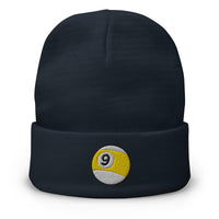 Navy cuffed beanie with Nine Ball Billiards embroidered artwork, front view