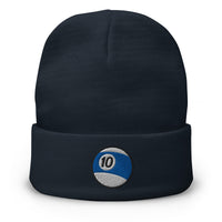 Navy cuffed beanie with Ten Ball Billiards embroidered artwork, front view