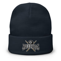 Navy cuffed beanie with Billiards 8 Ball embroidered artwork, front view
