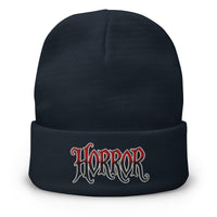 Navy cuffed beanie with HORROR House of Horrors Blood Drip embroidered artwork, front view