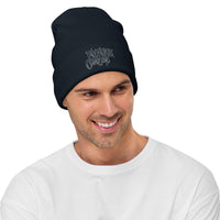 Navy cuffed beanie with Future Corpse Horror Funeral embroidered artwork, front view