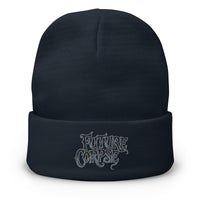 Navy cuffed beanie with Future Corpse Horror Funeral embroidered artwork, front view