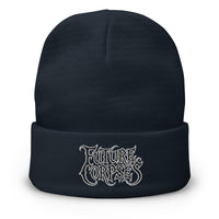 Navy cuffed beanie with Future Corpses Horror embroidered artwork, front view