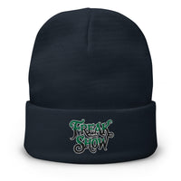 Navy cuffed beanie with Freak Show Horror Carnival embroidered artwork, front view