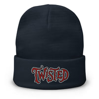 Navy cuffed beanie with Twisted Horror Carnival embroidered artwork, front view