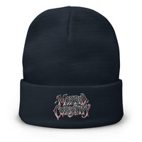 Navy cuffed beanie with Morbid Curiosity Horror embroidered artwork, front view