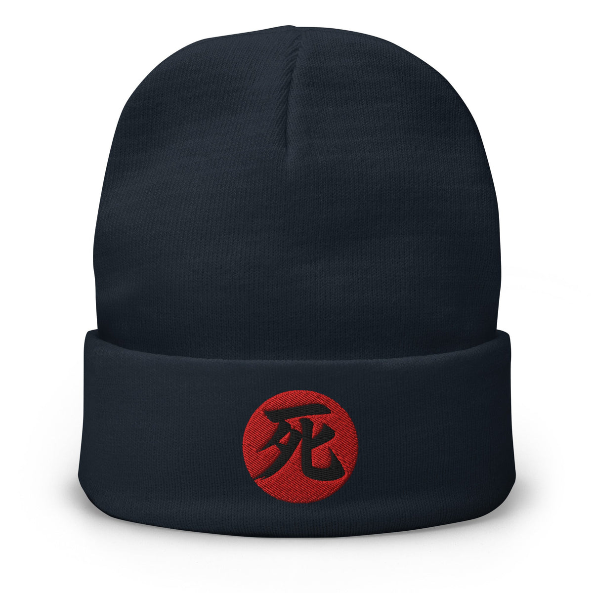Navy cuffed beanie with Death Kanji 死 (Shi) embroidered artwork, front view