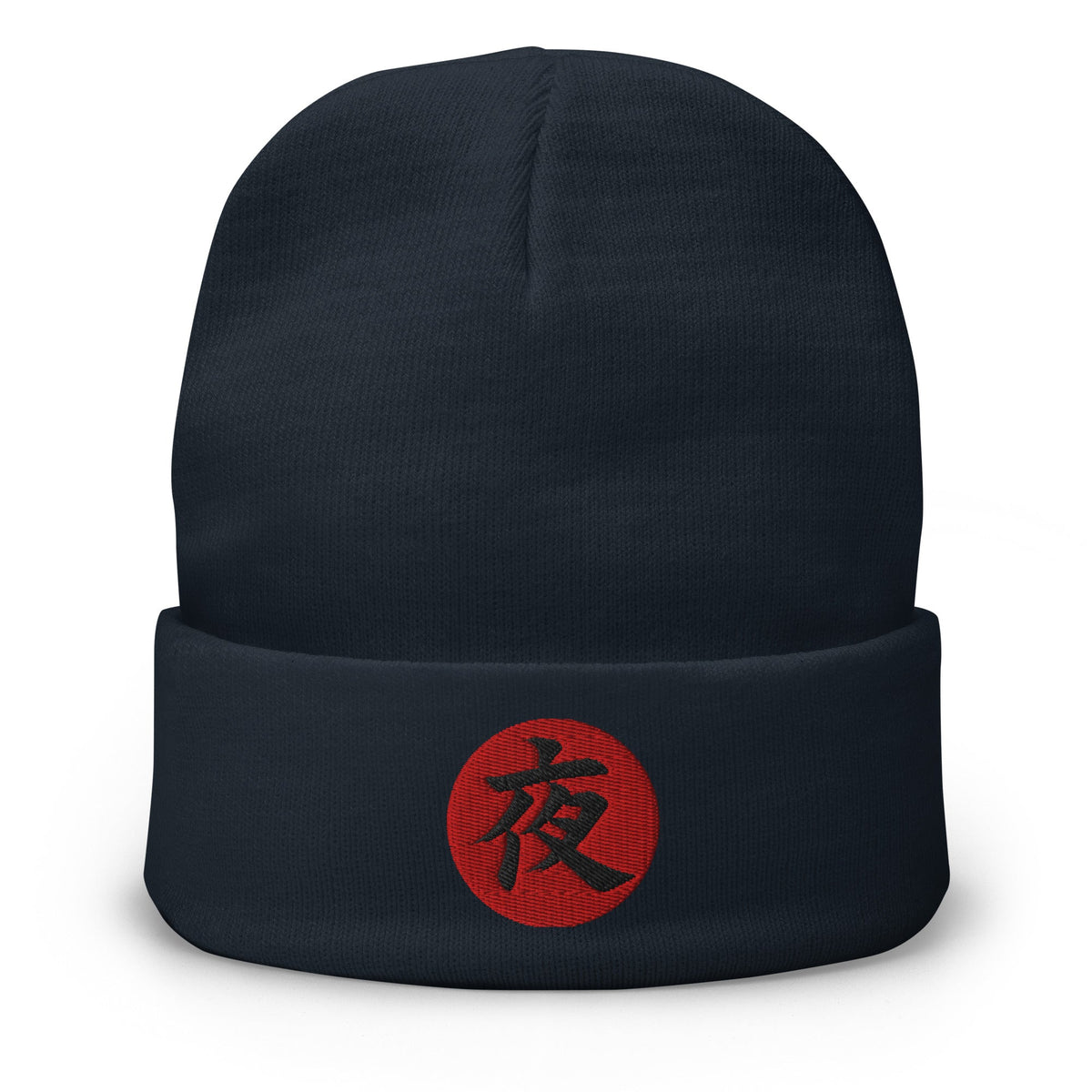 Navy cuffed beanie with Night Kanji 夜 (Yoru) embroidered artwork, front view