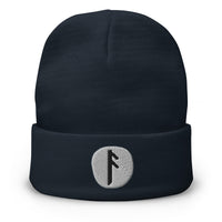 Navy cuffed beanie with Ansuz Rune embroidered artwork, front view