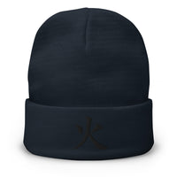 Navy cuffed beanie with Fire Kanji Symbol (火) embroidered artwork, front view