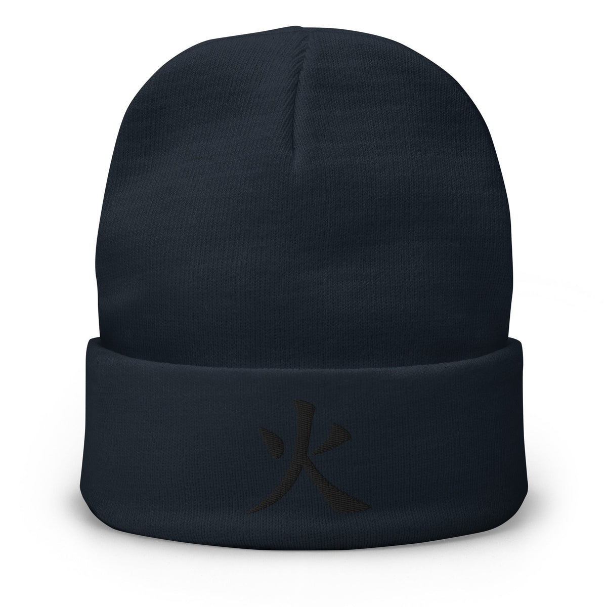 Navy cuffed beanie with Fire Kanji Symbol (火) embroidered artwork, front view