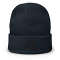 Navy cuffed beanie with Void Kanji Symbol (無) embroidered artwork, front view